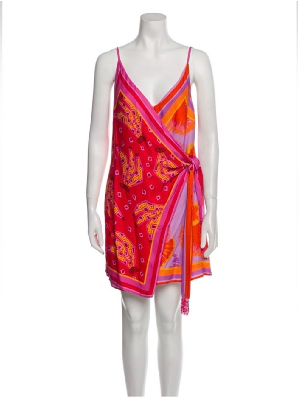 FARM Rio Pink, Red & Orange Asymmetrical Printed wrap Dress